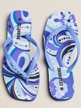 Anthropologie Celendine Blue Patterned Flip Flops Sandals NWT 9 Beach Pool Chic